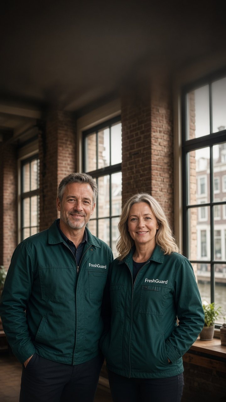 The two FreshGuard founders in a restored Dutch interior