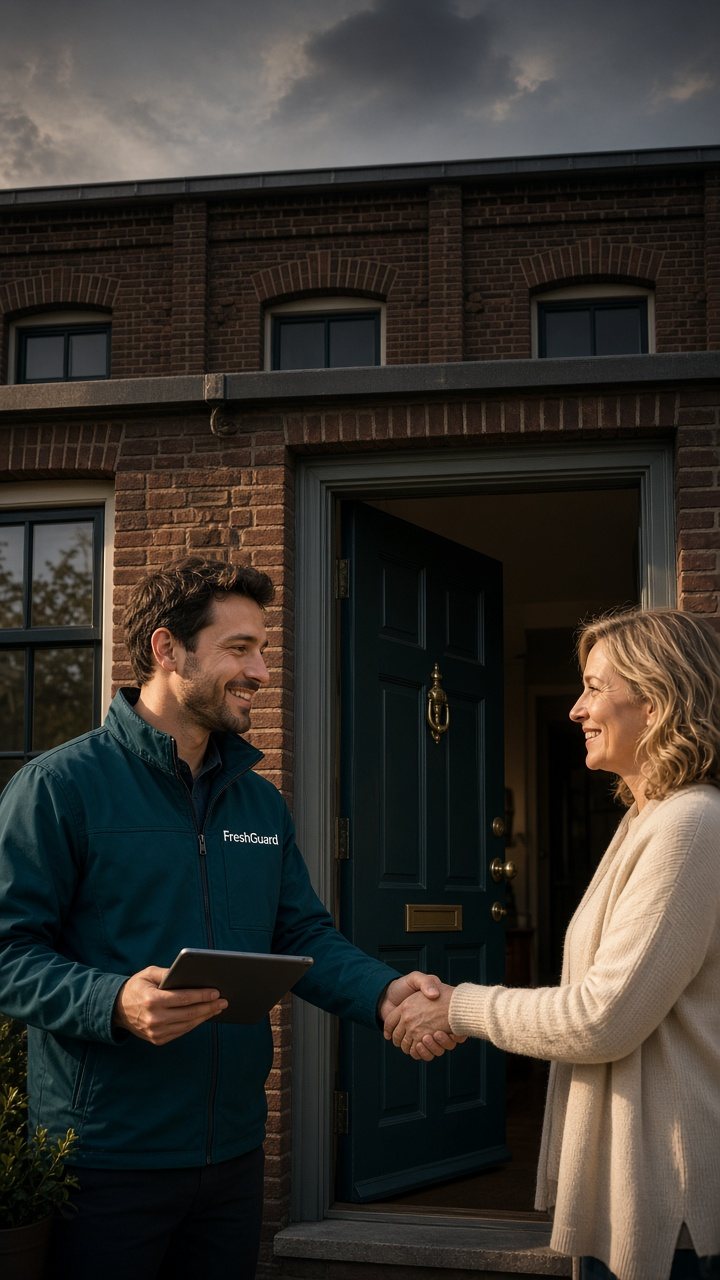 FreshGuard specialist greeting a homeowner at the front door