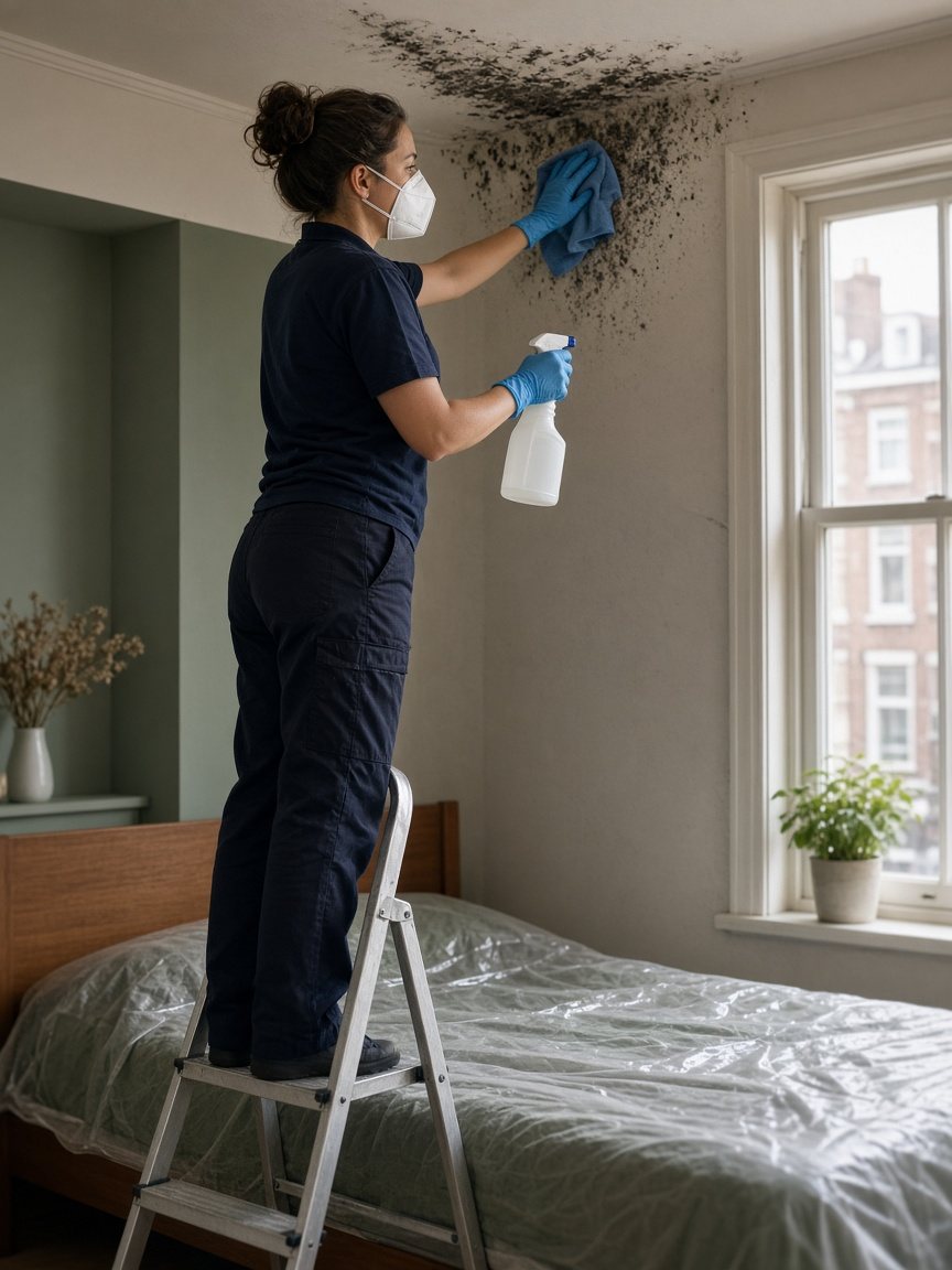 FreshGuard technician treating ceiling mold in a Dutch bedroom with the bed covered