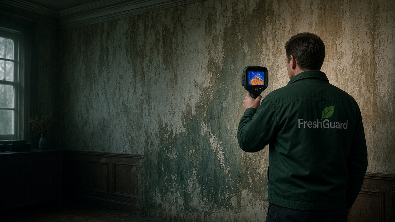 FreshGuard specialist scanning a damp wall with a thermal imaging camera