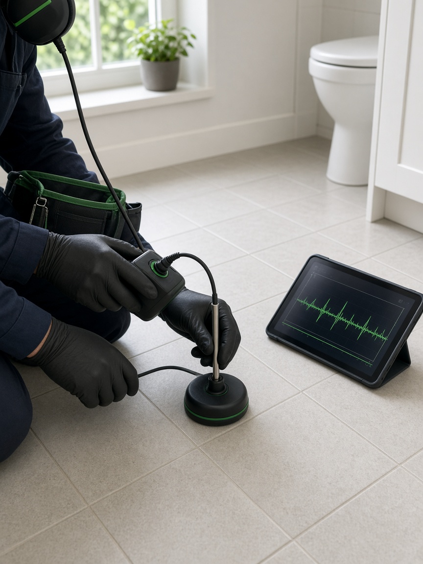 Technician using an acoustic leak detector on a bathroom floor to find a hidden pipe leak
