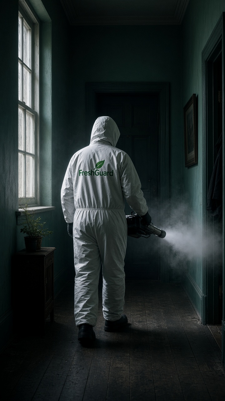 FreshGuard specialist fogging a hallway to remove lingering odors