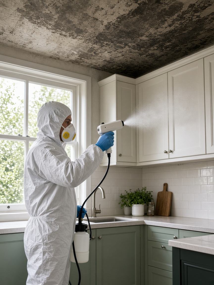 Technician applying a sanitizing deodorizer mist to a smoke-stained kitchen ceiling