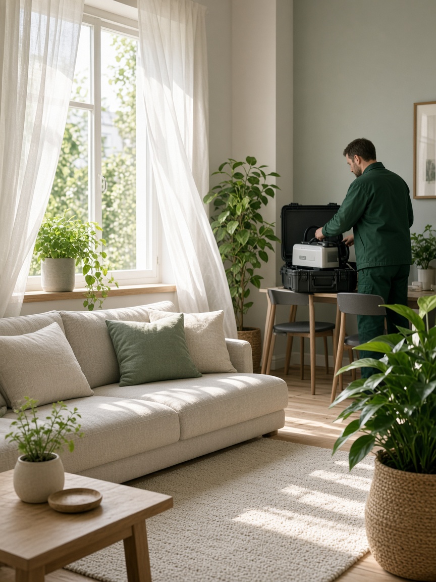 Fresh, bright living room after professional odor treatment with a FreshGuard technician packing equipment