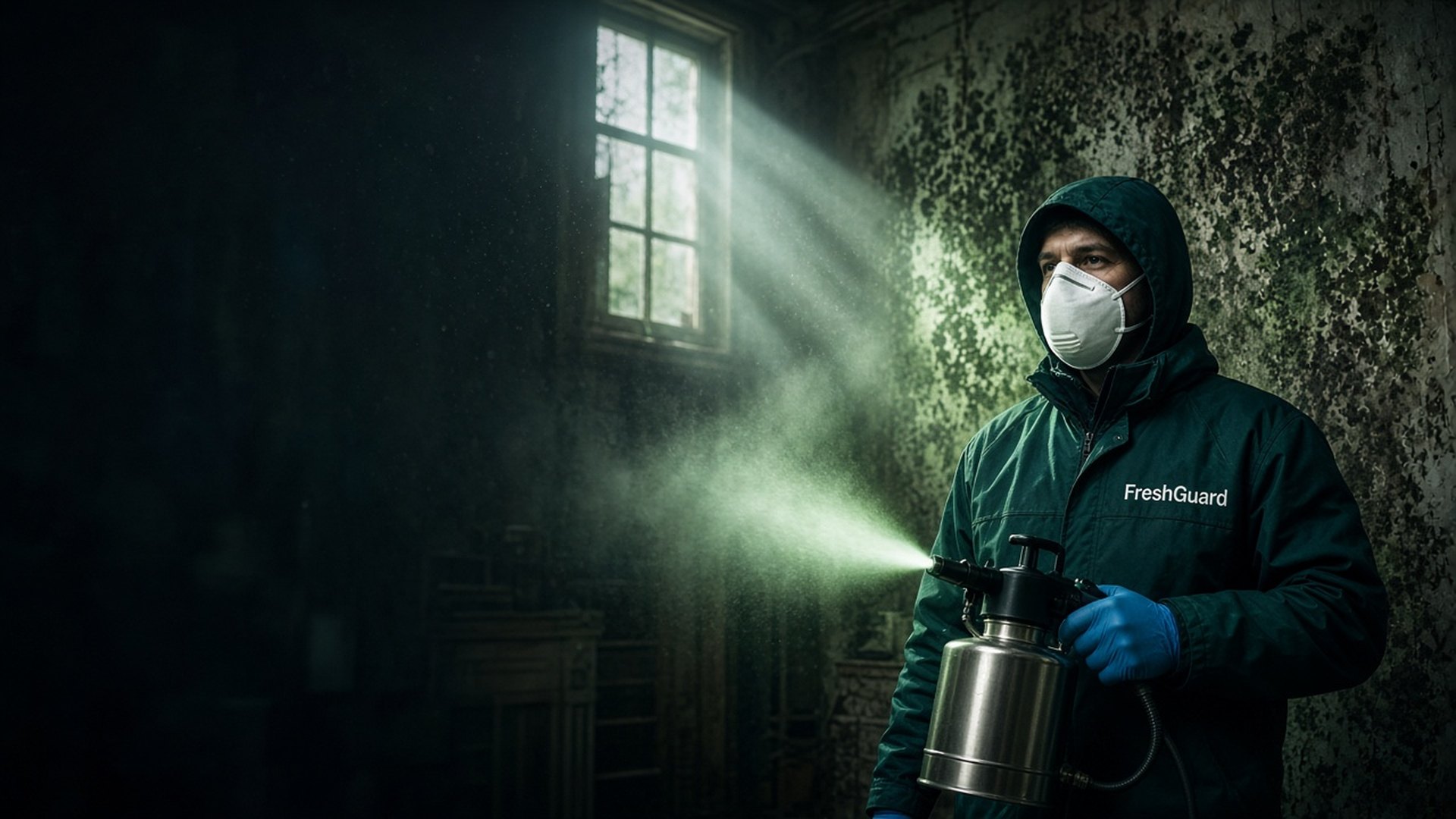 FreshGuard specialist fogging a mold-covered wall in a dark damp room
