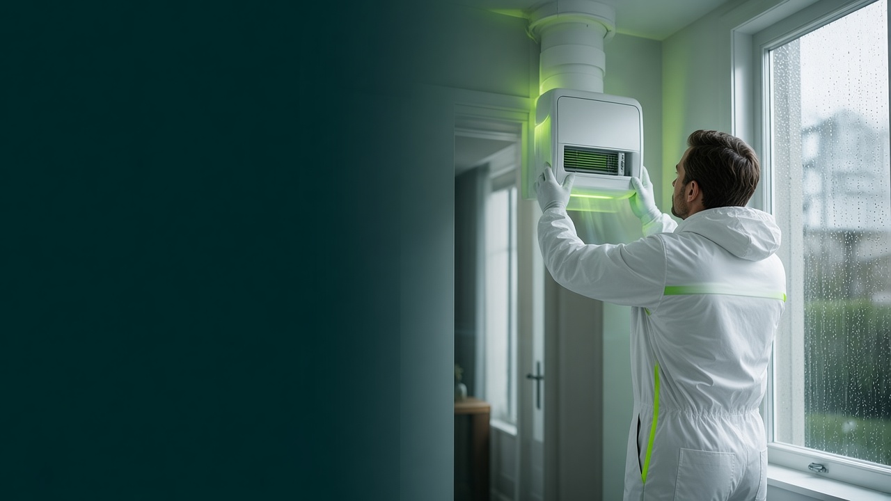 FreshGuard technician fitting a modern ventilation unit in a bright Dutch home