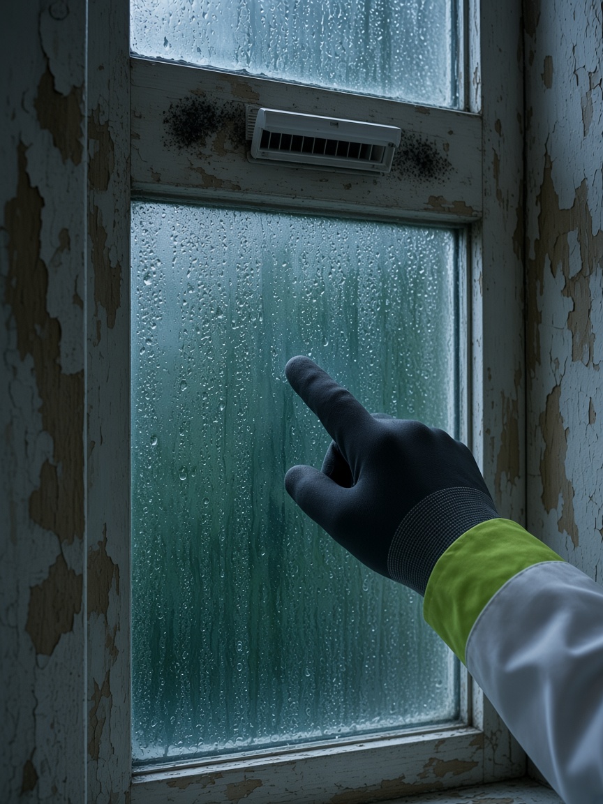 Gloved FreshGuard hand pointing at heavy window condensation beneath a trickle vent with mold and peeling paint