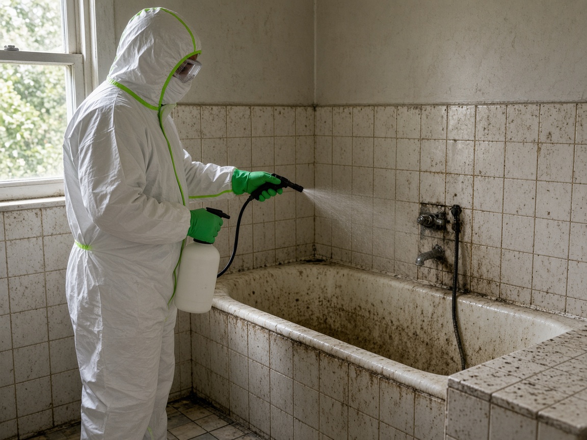 Sanitizing fog treatment in a grimy bathroom