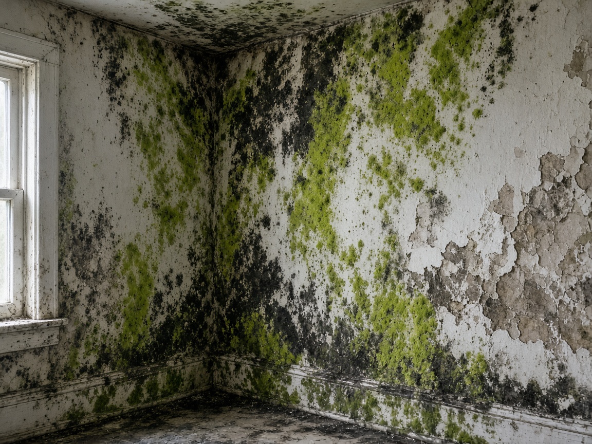 Visible mold growth on a bathroom wall and ceiling